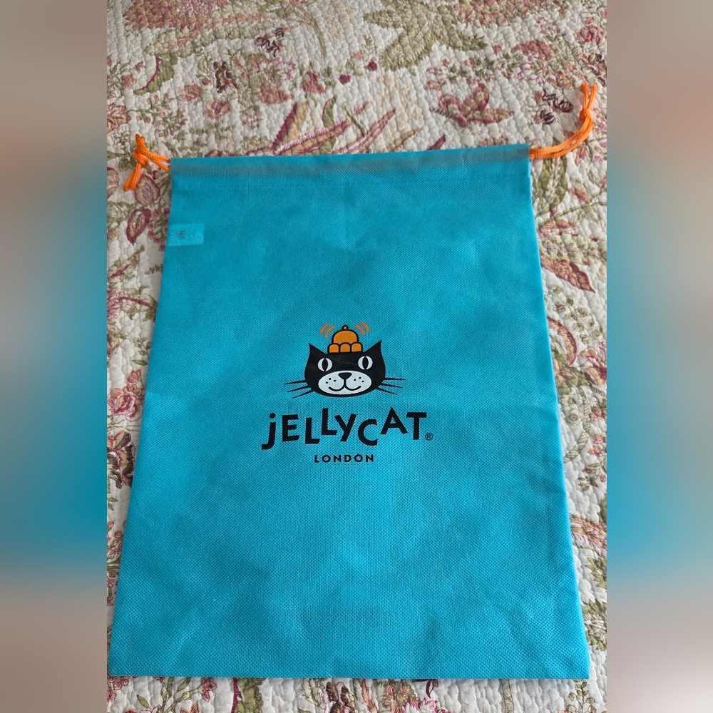 Jellycat Turquoise Cat Toy Bag with Orange Drawstring
